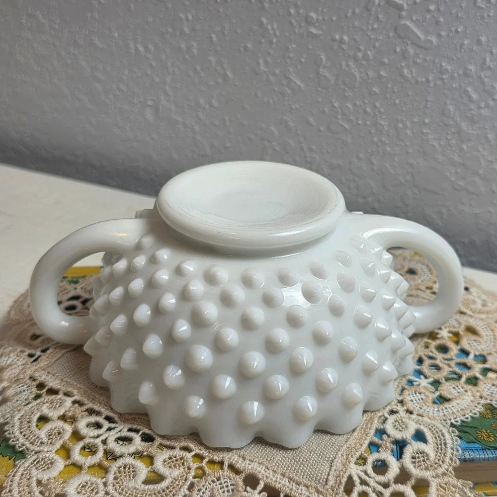 Vintage Fenton Milk Glass Hobnail Candy‎ Dish Double Handled Crimped Edge